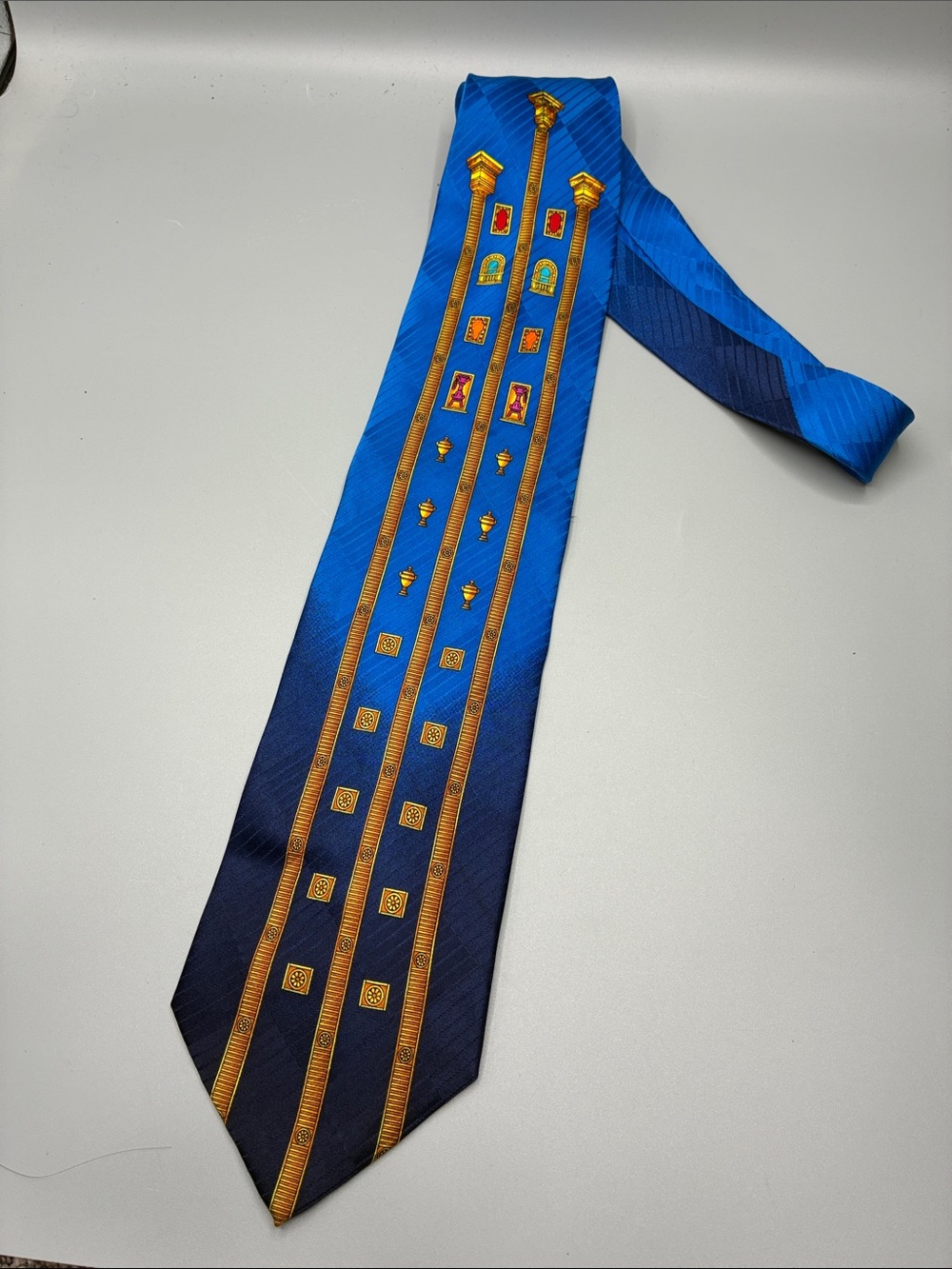 VNTG Valentino Rudy Italy Silk Tie Blue Gold Neo Classical Architectural Column